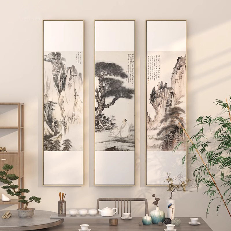 新中式茶室客厅三联装饰画迎客松挂画竖版入户玄关水墨山水墙壁画