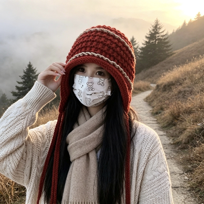 日系秋冬保暖护耳手工麻花针织帽
