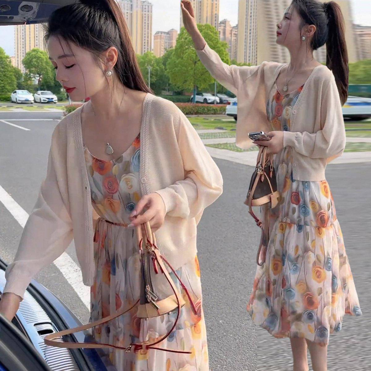 丝织衫蝙套蝠袖防晒冰开衫薄款外套女搭针配碎花吊带3603裙两件套