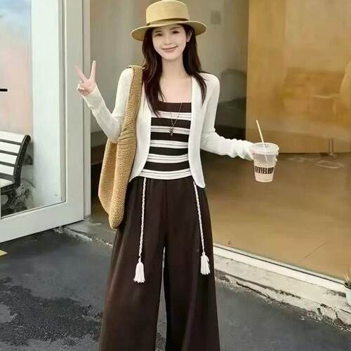 韩系套装女新202早秋款NMT质条纹吊带针织开衫阔腿裤三6件套气显