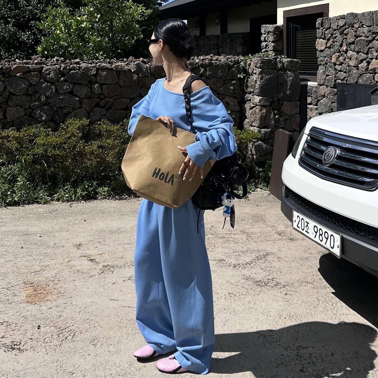 高级感闲蓝装色运动套女春秋新显款欧货复古瘦斜肩卫衣休裤两DQU