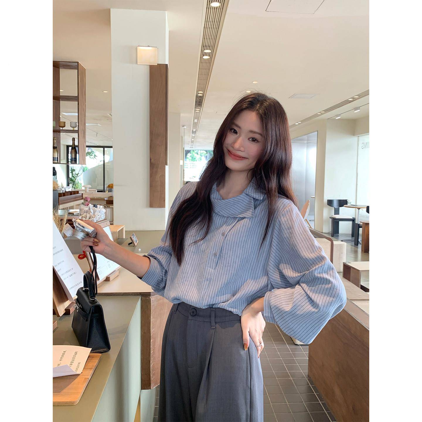 文然W休ENR宽AN 竖条纹斜扣小通勤闲长袖衬衫女春WR310#TB松众设