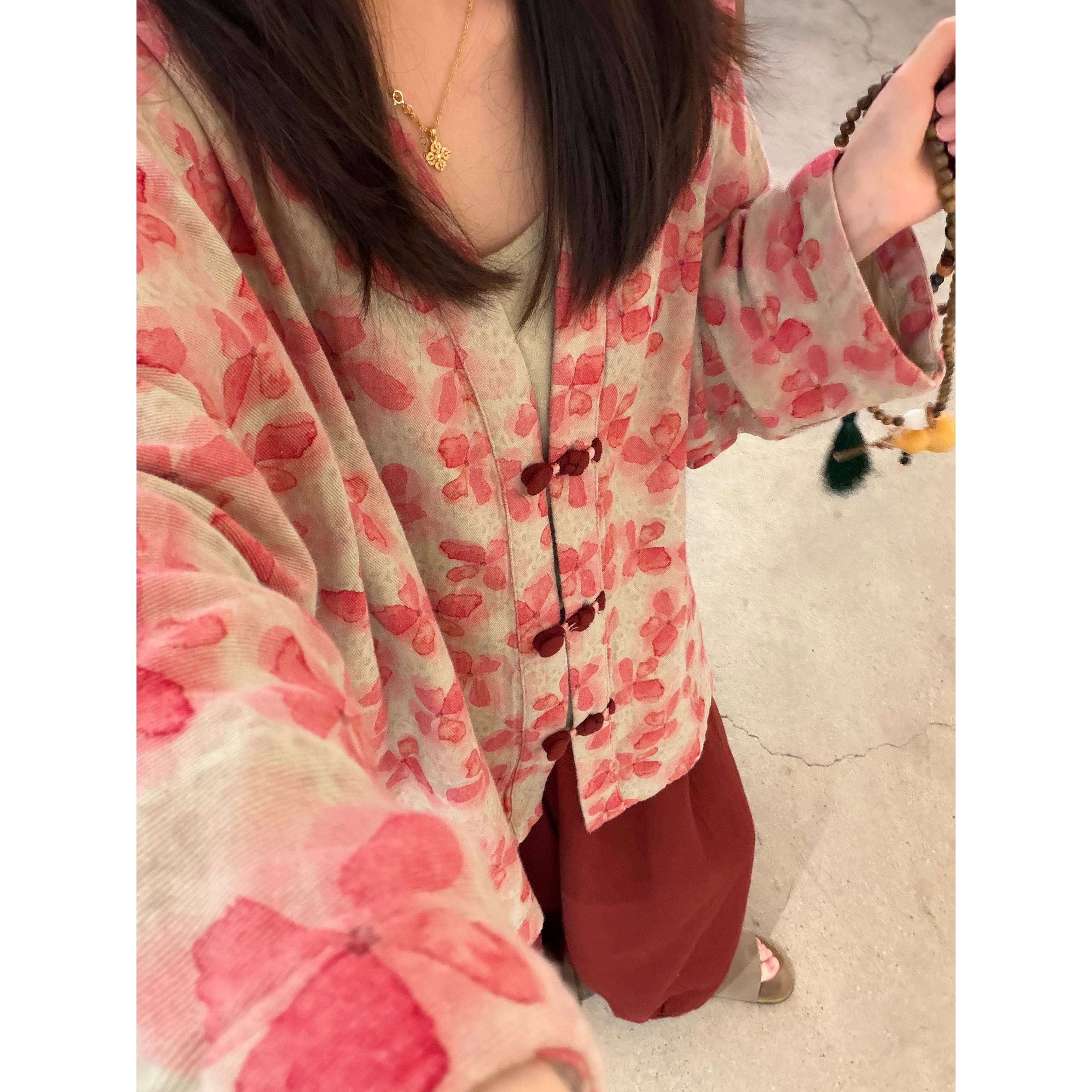 [花间意汉服秋VQN] 清26宇秋季款10新0%棉印花V领文艺复古早外套