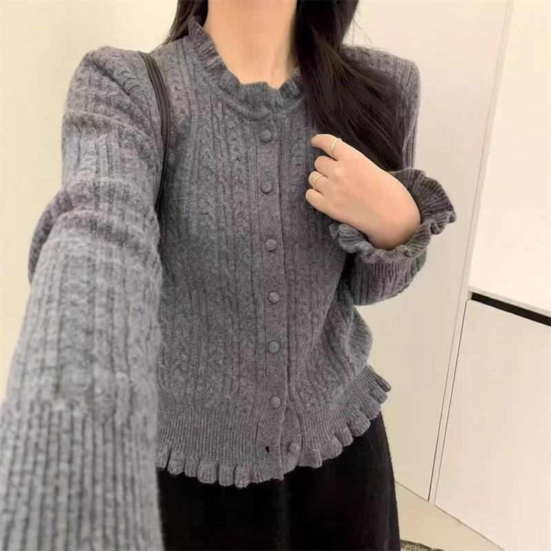 边温柔风黄木耳PZM麻花针织开早衫女小个子奶软糯显瘦秋新款毛衣