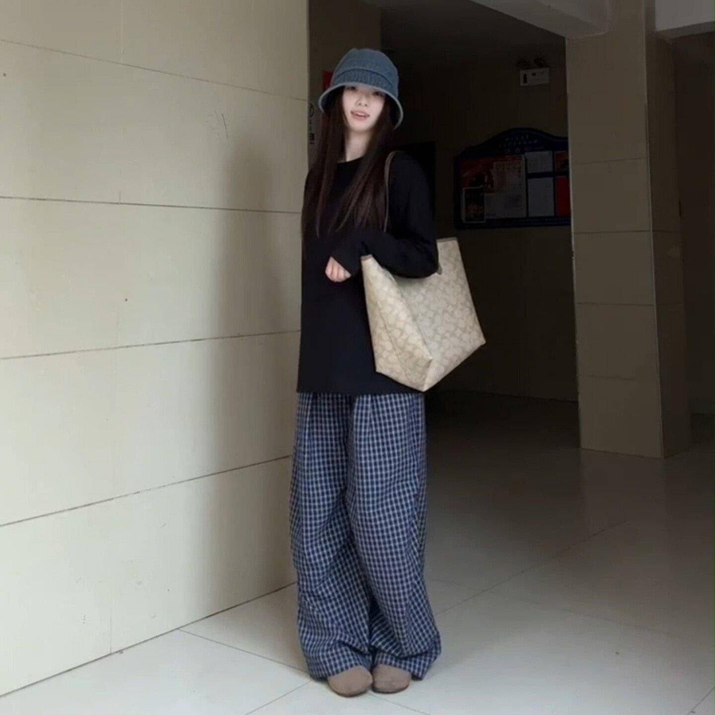 韩慵懒RMK风休闲运动系套装女秋袖简约T恤长宽松早格子阔腿裤两件