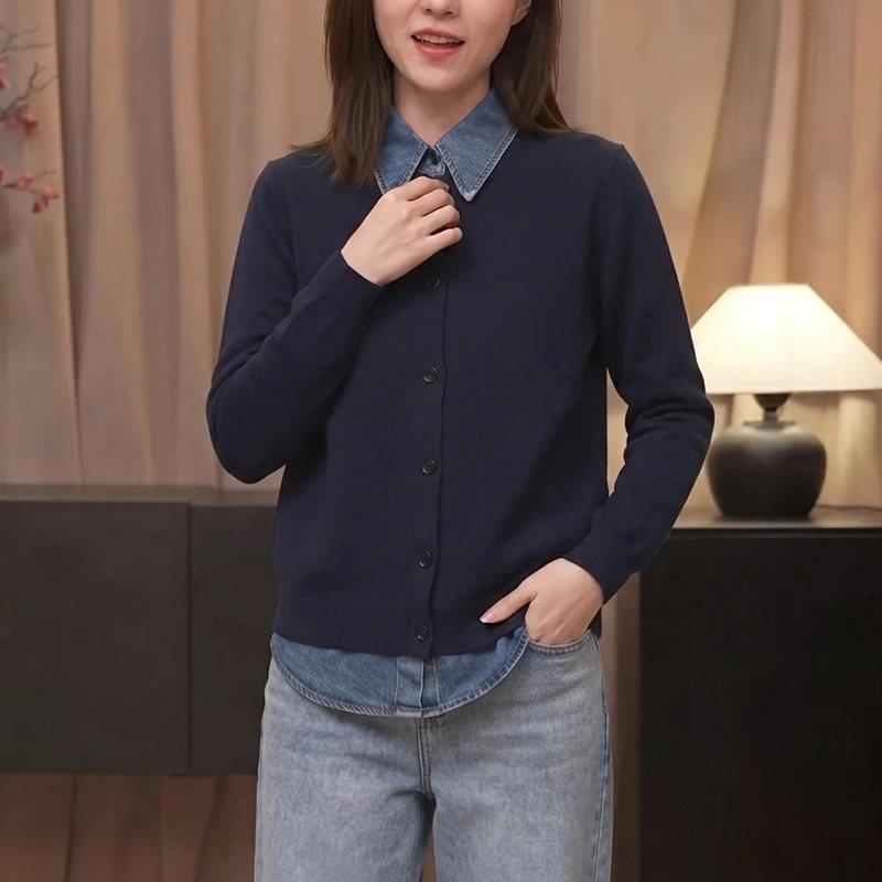 假两件牛DLJ仔衬衫2206早秋新女装套翻领毛衣开衫外设计感款小众