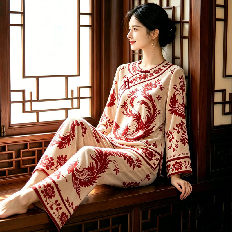 睡衣女春秋季金丝绒新中式国风加大码胖mm200斤秋冬款女士家居服