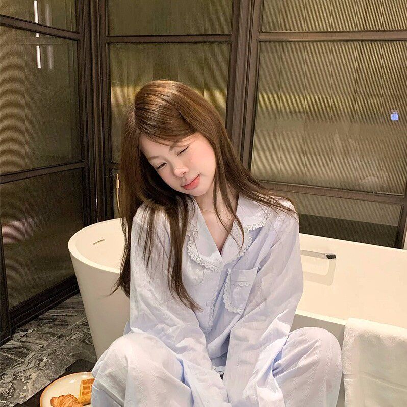 实拍春夏新款少女复古爱心蕾丝花边法式家居服睡衣女长袖长裤套装