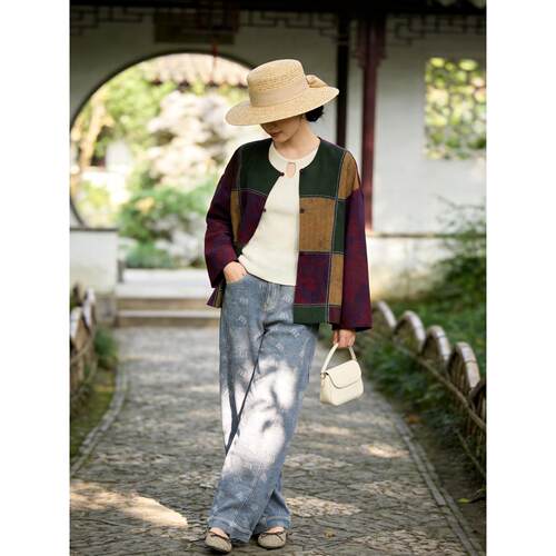 【思思专享】高腰宽松直筒牛仔蓝提花牛仔裤 复古通勤风 H2629