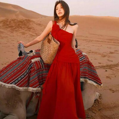 希腊纯欲风 带花朵垂坠性感长裙辣妹纯欲显瘦斜肩裙