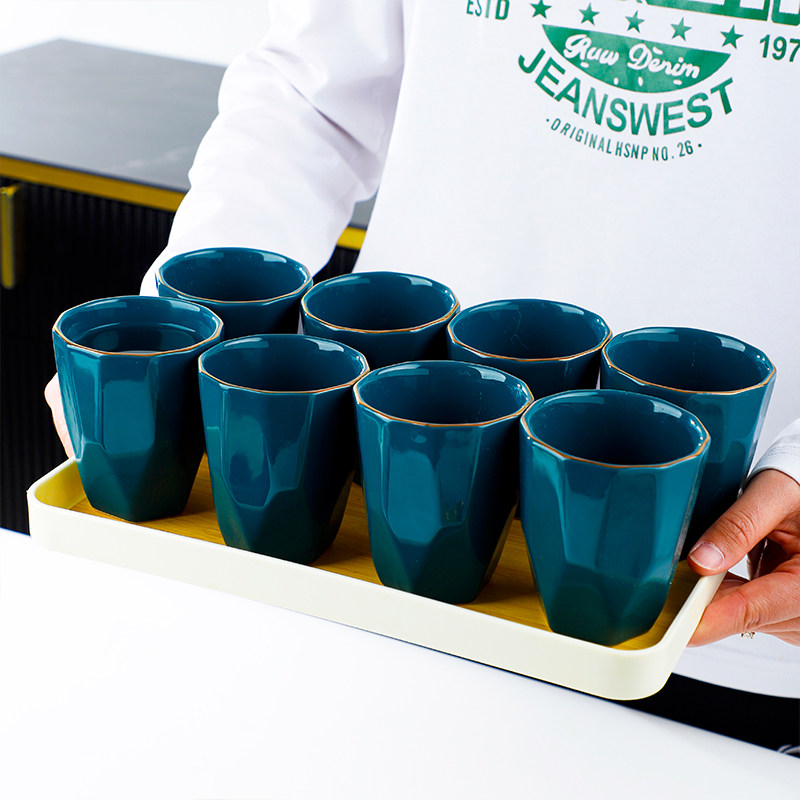 句途描金祖母绿水杯4个装280ml茶杯家用喝陶瓷水杯办公水杯马克杯