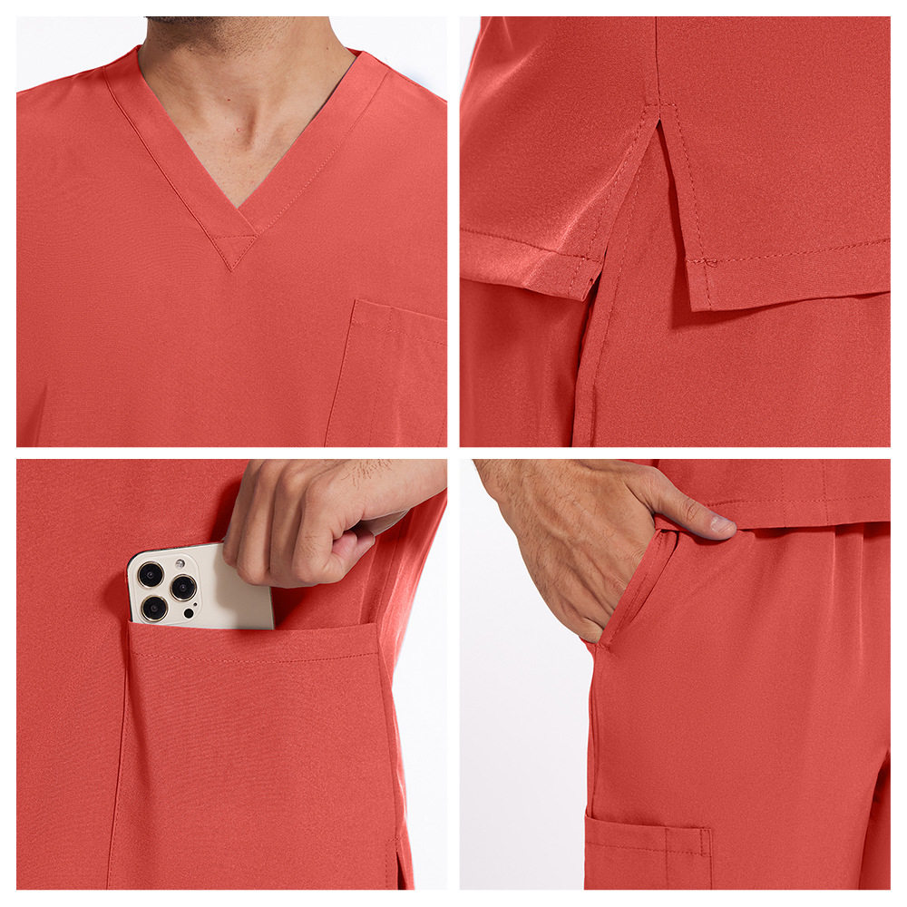 速卖通temu热销工作服护士服实验服纯色短袖长裤磨砂膏两件套绣字
