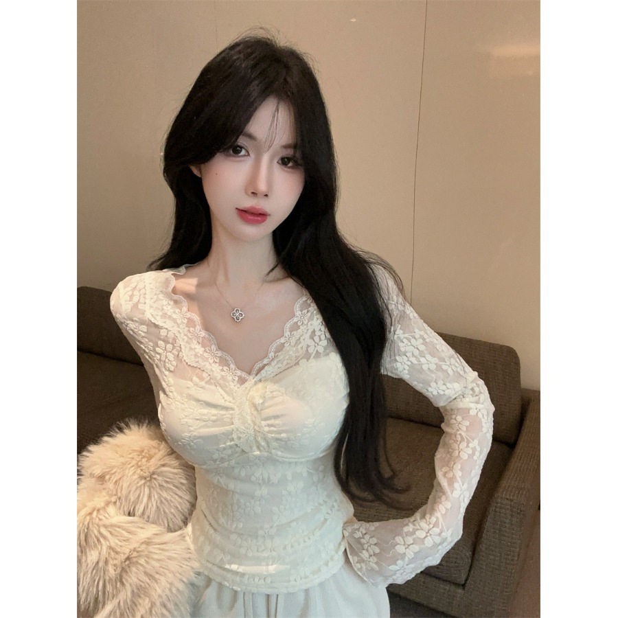 纯欲性感v领镂空上衣女春秋小香