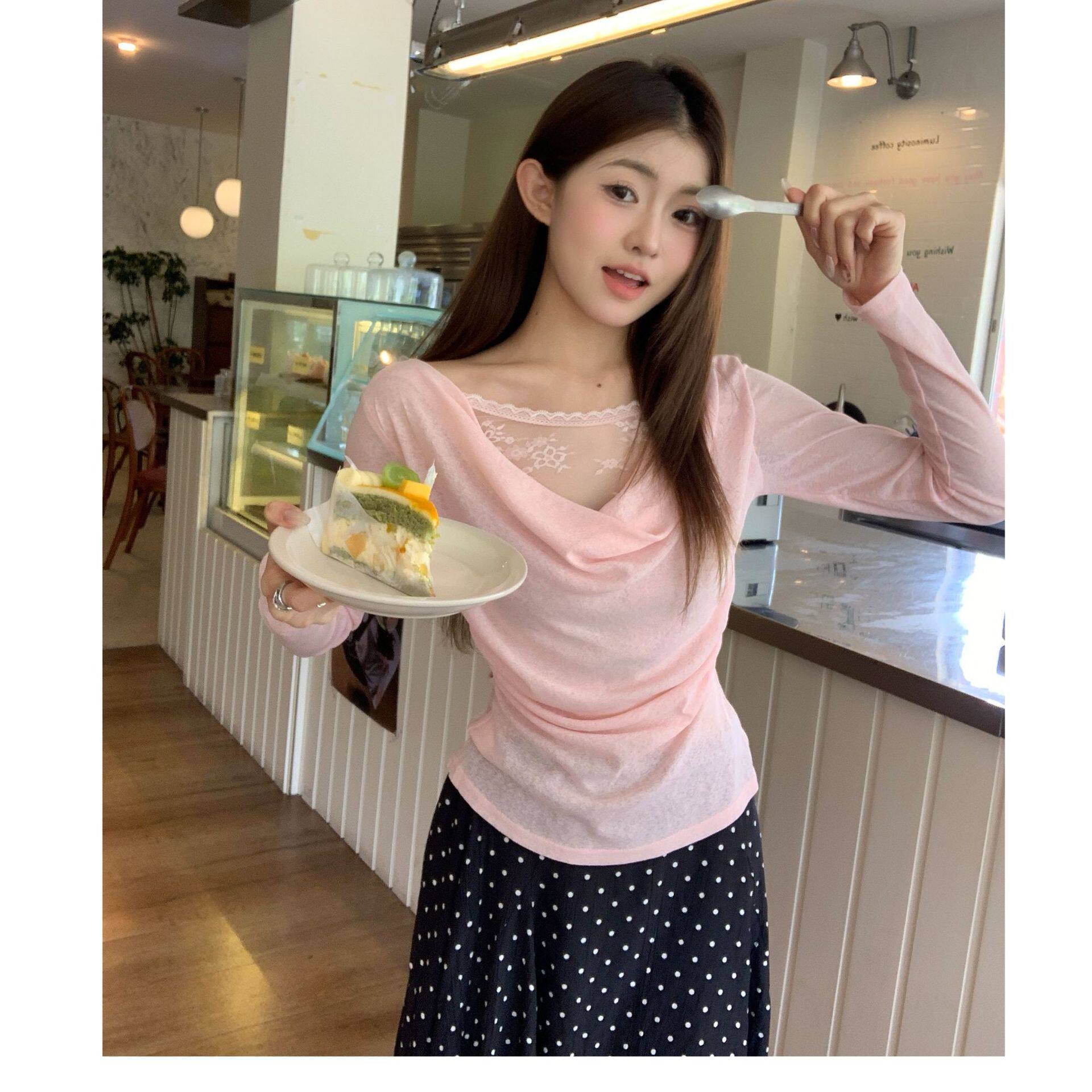 韩系斜肩蕾丝拼接不规则长袖女秋