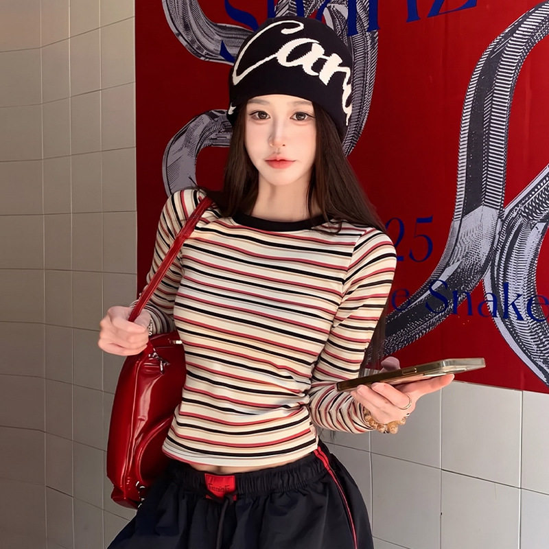 时尚撞色条纹打底衫长袖T恤女秋