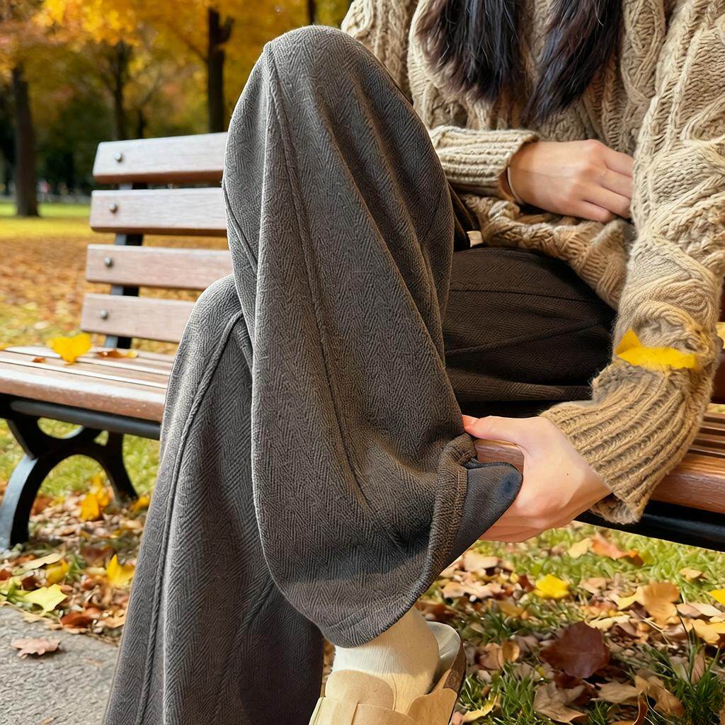 咖色毛呢糯米裤女春季新款薄款加