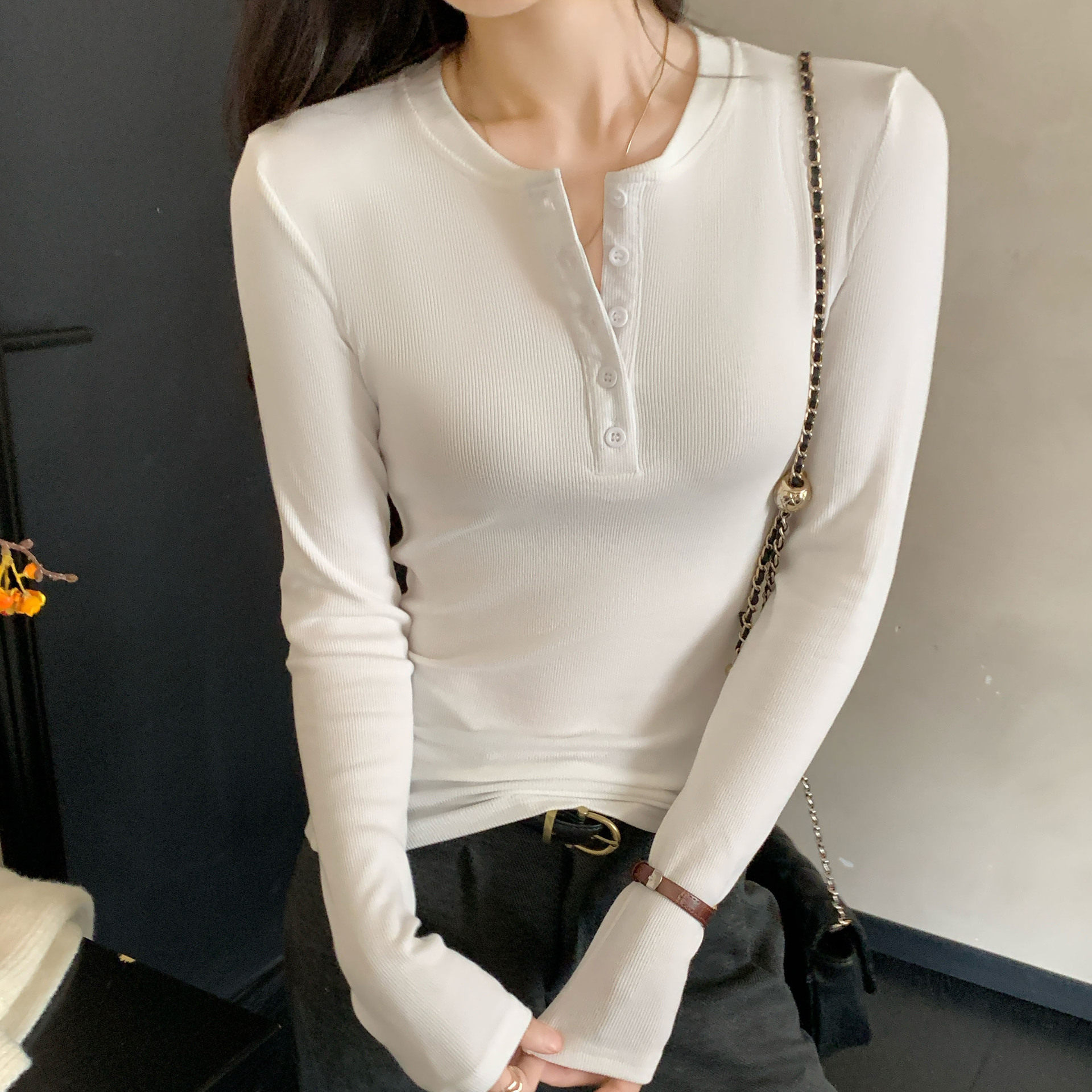 K2607韩系亨利领螺纹钉扣长袖T恤女秋冬修身显瘦百搭棉打底衫上衣
