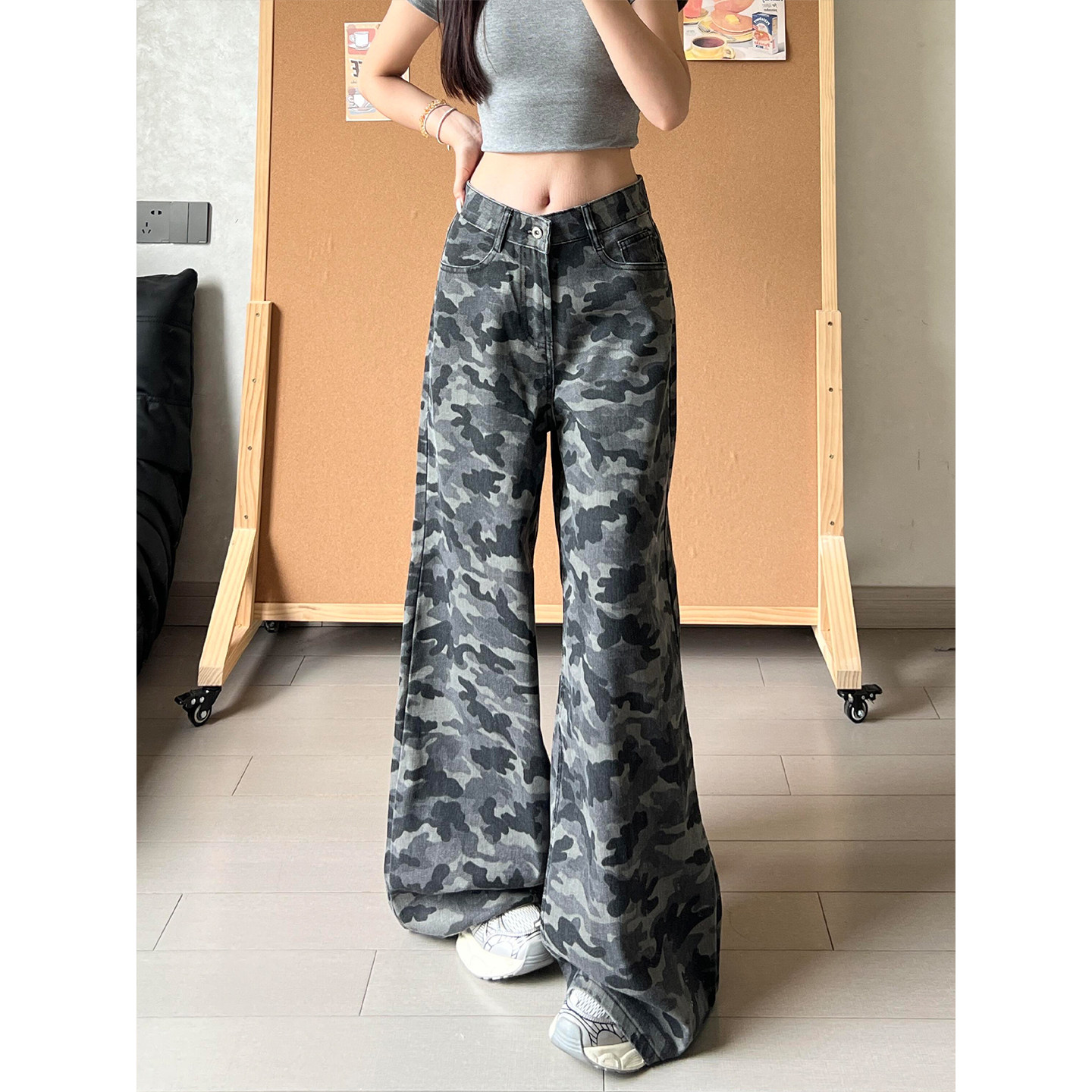 美式阔腿复古迷彩牛仔裤女秋