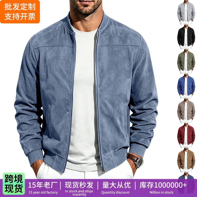 跨境男装秋冬休闲大码飞行员夹克 亚马逊麂皮绒拉链立领长袖外套