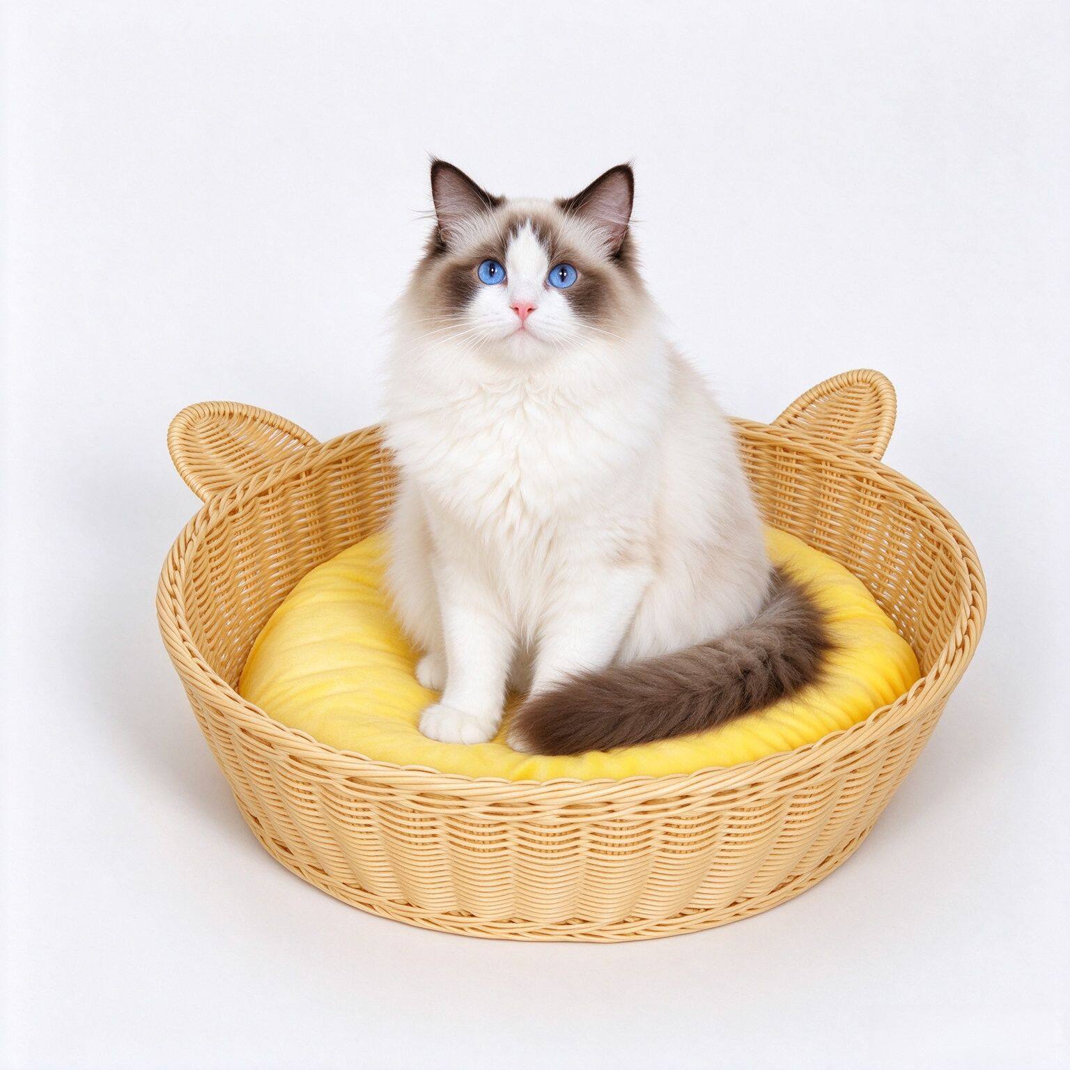 跨境猫耳朵藤编猫咪窝四季通用透气宠物窝一体式中小型犬猫床狗窝