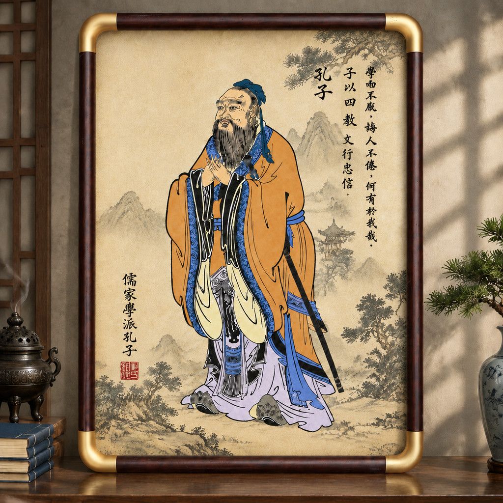 孔子画像孔夫子字画相框办公室装饰画书房玄关客厅励志中堂摆件画