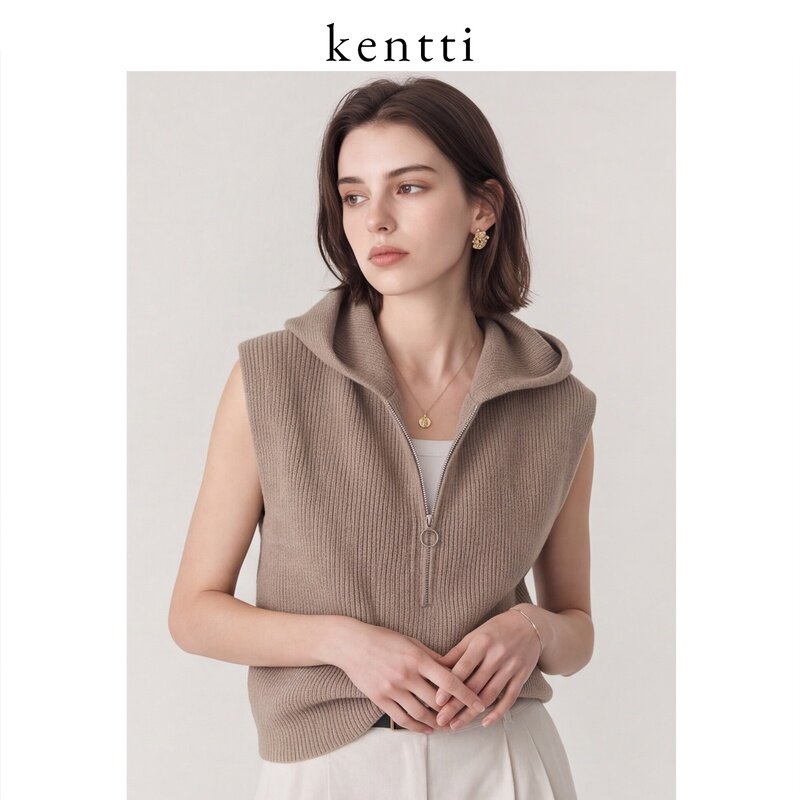 【自营】Kentti纯羊毛拉链连帽马甲女26新款冬季外穿针织毛衣背心