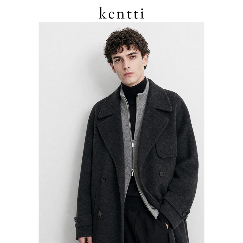 【自营】Kentti/100%纯羊毛中长款双排扣外套男士双面呢羊毛大衣
