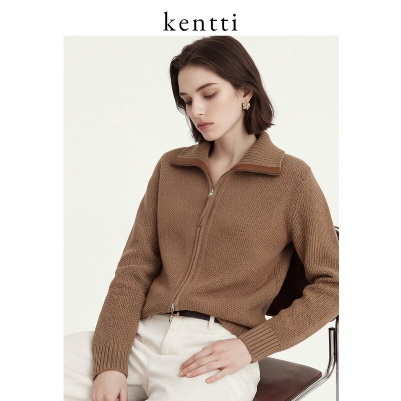 【自营】Kentti轻奢双拉链羊毛针织开衫女秋季高智感气质毛衣外套