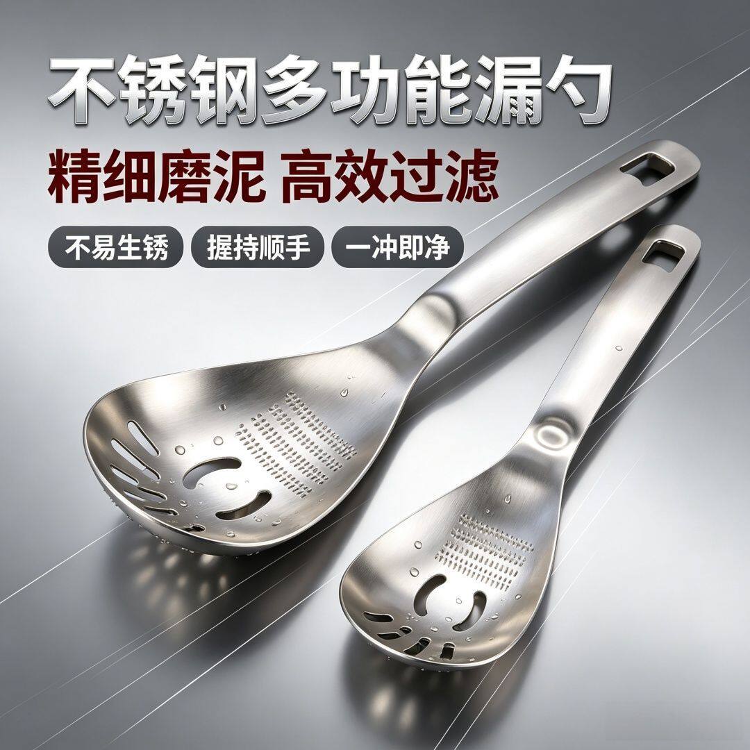不锈钢多功能漏勺家用磨姜蒜泥器压辅食滤蛋清厨房一体式研磨汤勺
