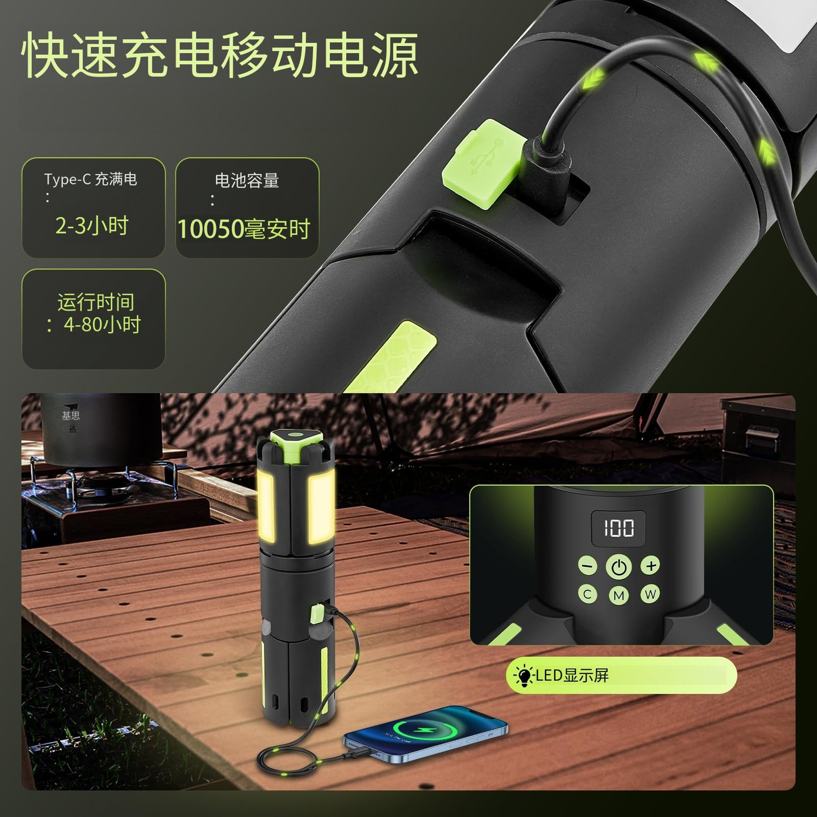 跨境爆款led折叠露营灯便携伸缩支架帐篷灯长续航充电氛围野营灯