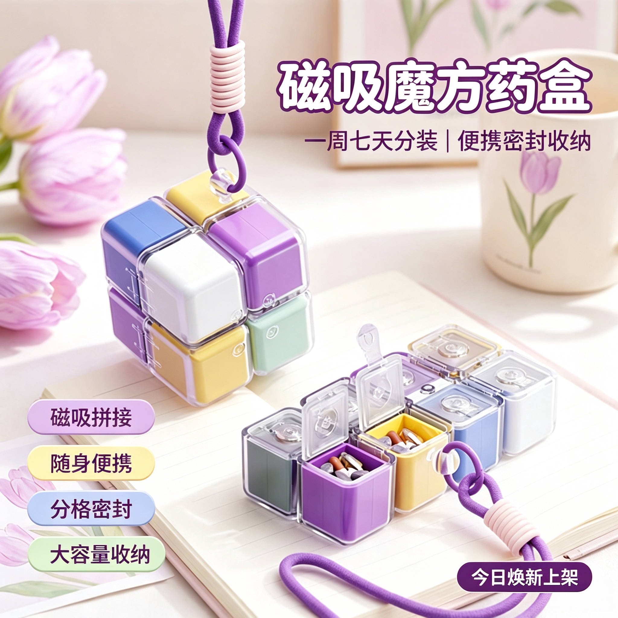 趣味魔方磁吸药盒便携分装一周随