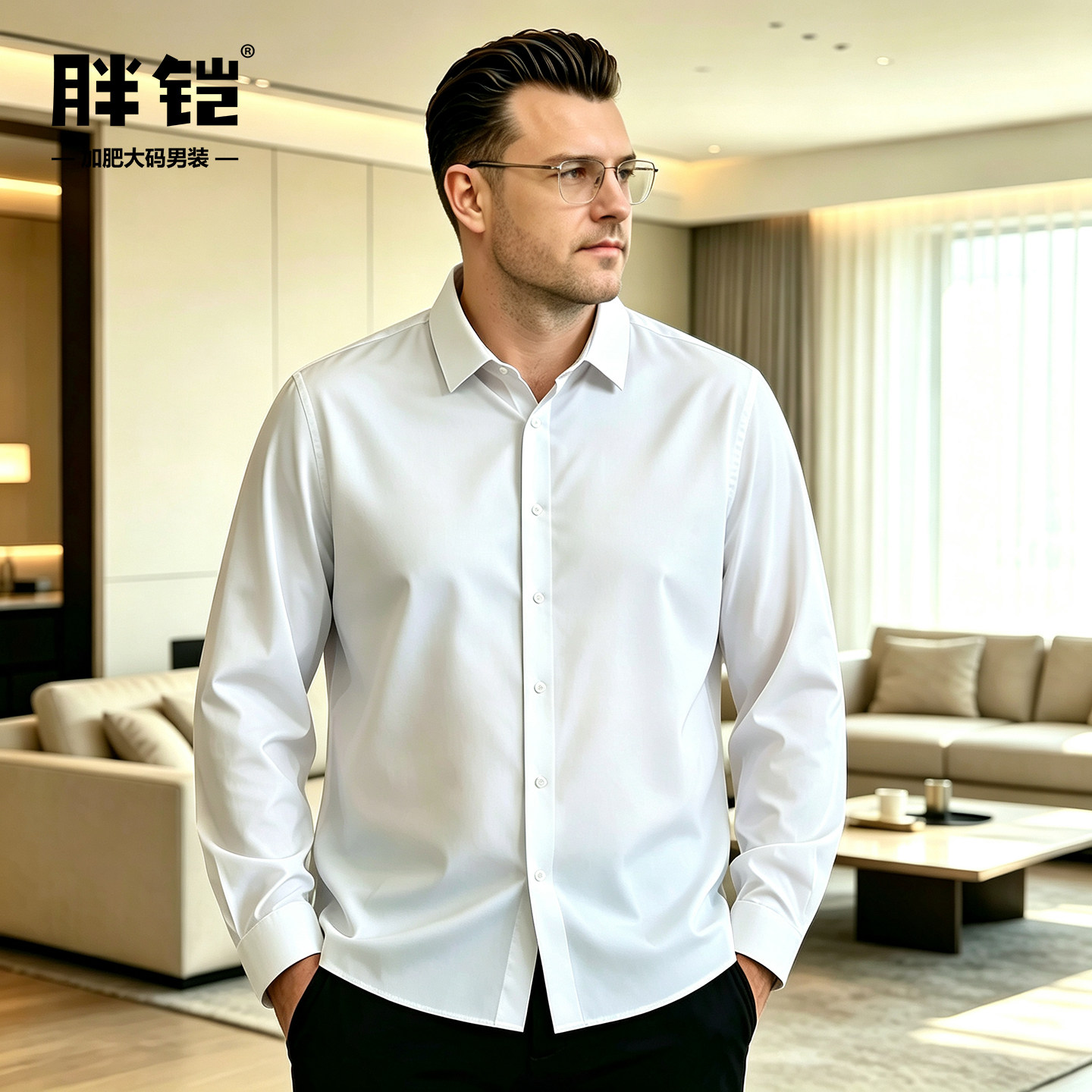 春秋款白色长袖衬衫男装大码