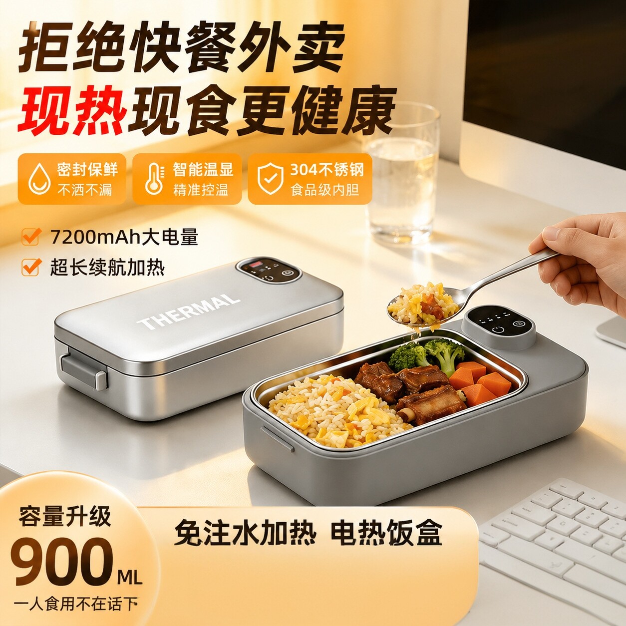 新款免注水加热饭盒usb充电便携式保温饭盒304不锈钢电热饭盒