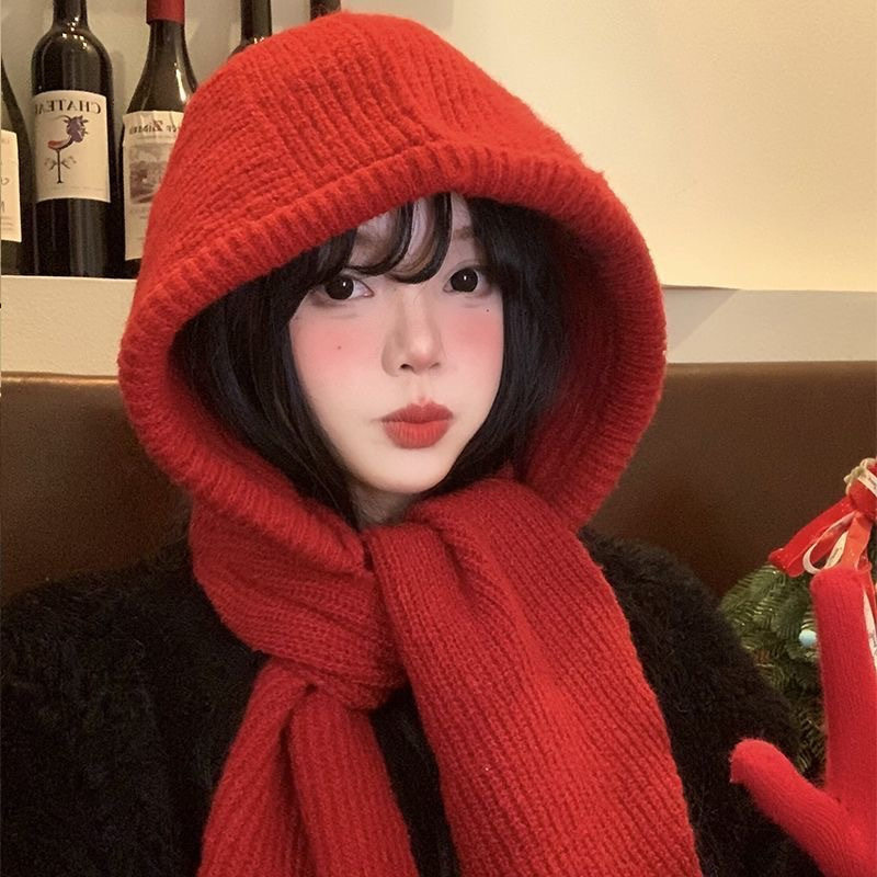 秋冬季围巾一体女新款连帽围脖披肩针织毛线针织帽子巴拉克拉法帽