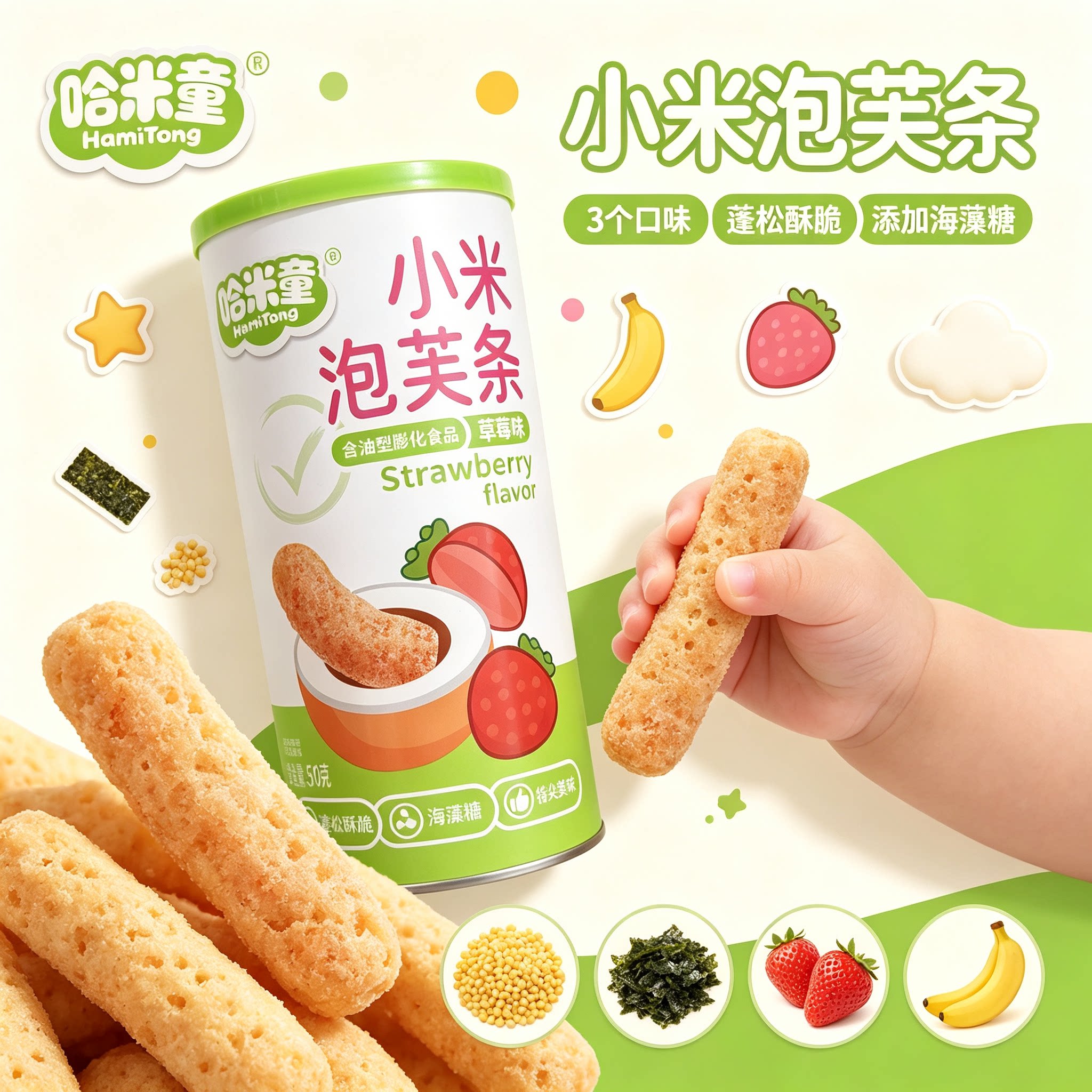 哈米童小米泡芙条手指泡芙饼干入口即化草莓味加海藻糖零食泡芙条
