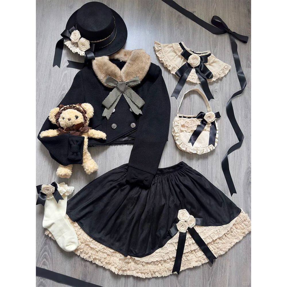 【黑糖蕾丝】古早doll感Lolita蝴蝶结外套+蕾丝花边短裙三件套装