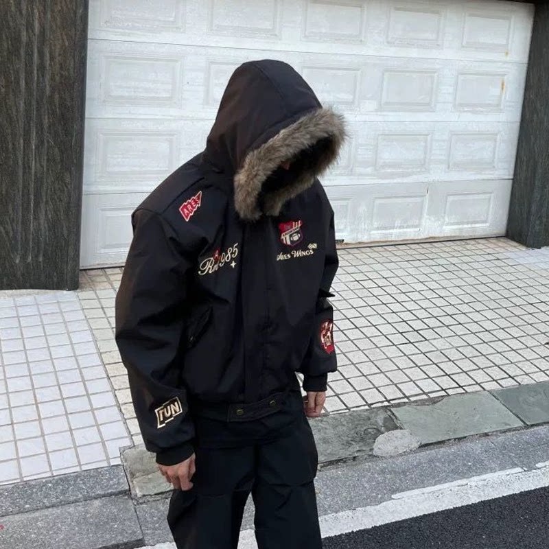 座山雕棉服美式复古刺绣徽章棉衣外套冬季男女小众保暖加厚夹克潮