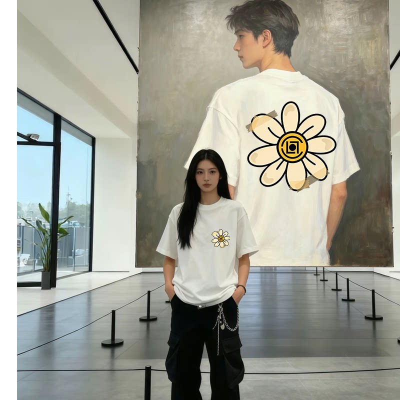 夏季美式花朵印花慵懒风情侣短袖T恤新款男女潮流纯棉上衣半袖ins