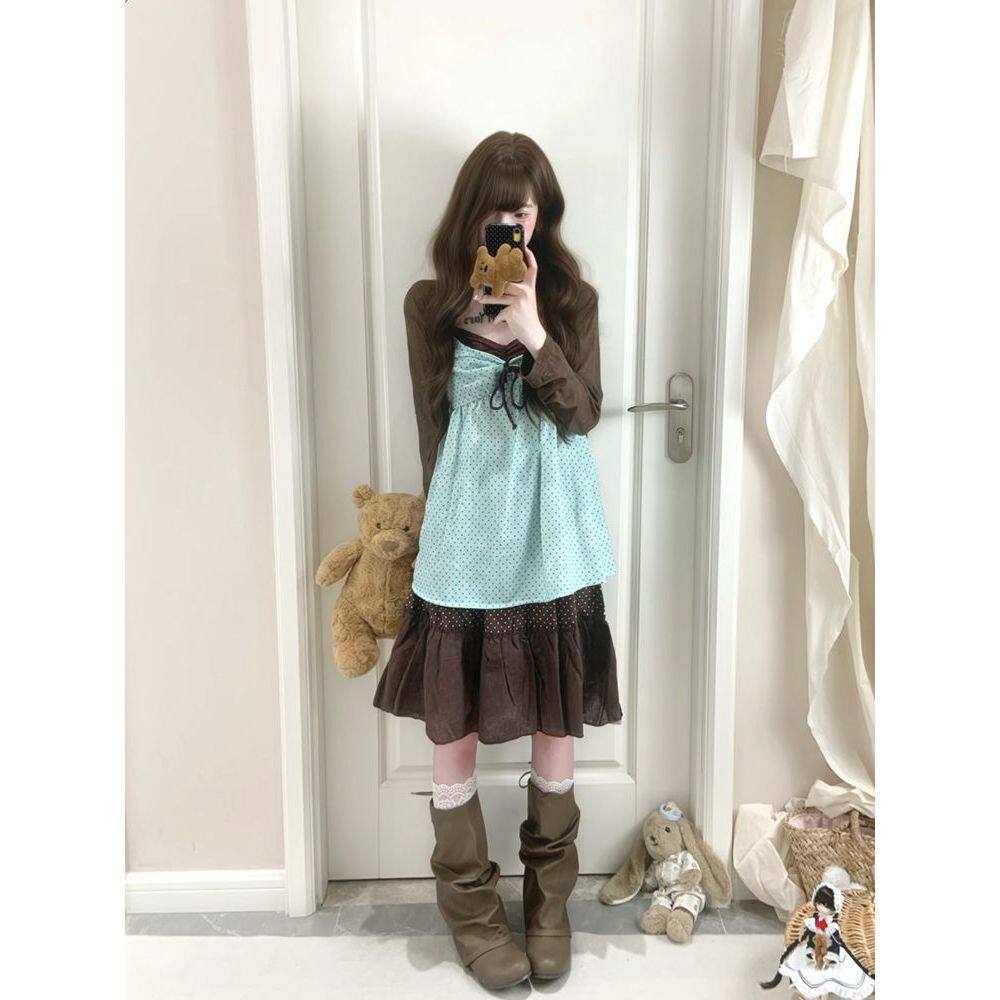 秋季新款vintage古早味少女感长袖开衫+波点吊带背心+半身裙套装