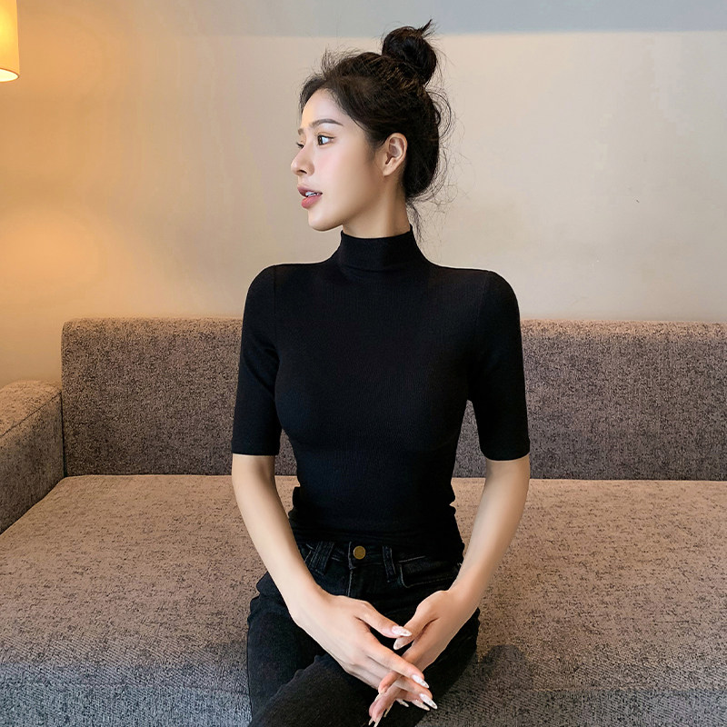 半高领中袖打底衫女2026新款春秋内搭灰色针织五分袖t恤紧身上衣
