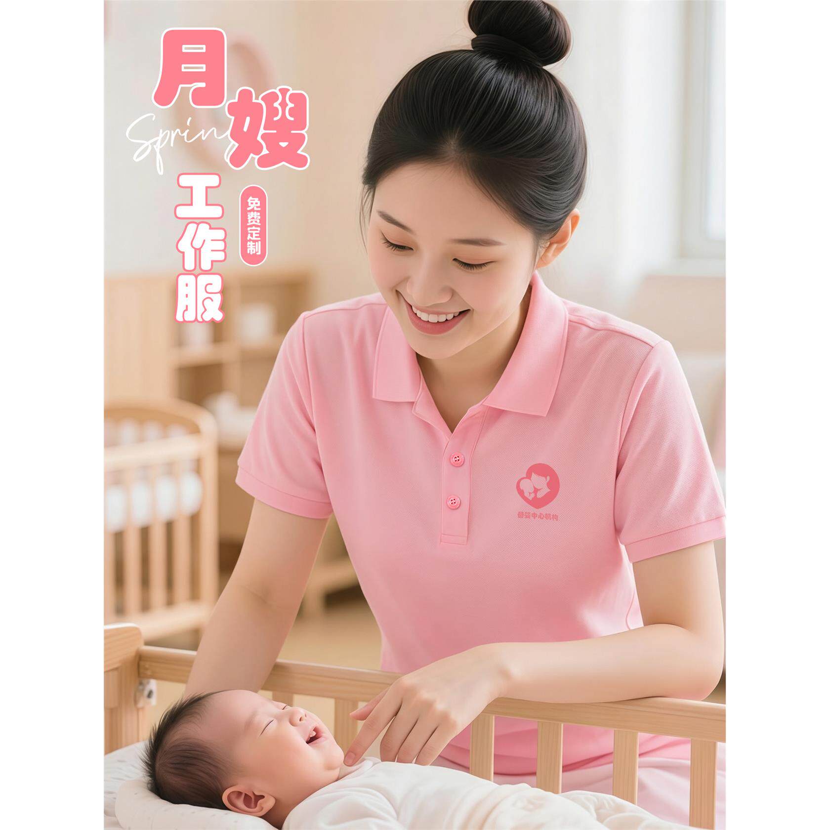 短袖polo衫工作服定制logo印字夏季月子中心母婴月嫂粉色工装