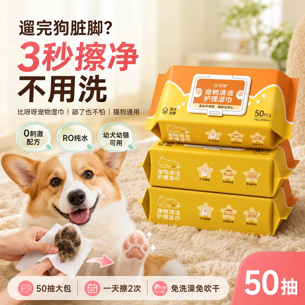 比呀呀猫狗免洗湿巾3秒擦净