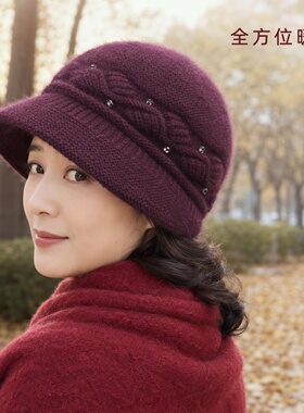 中老年女秋冬加绒护耳针织帽