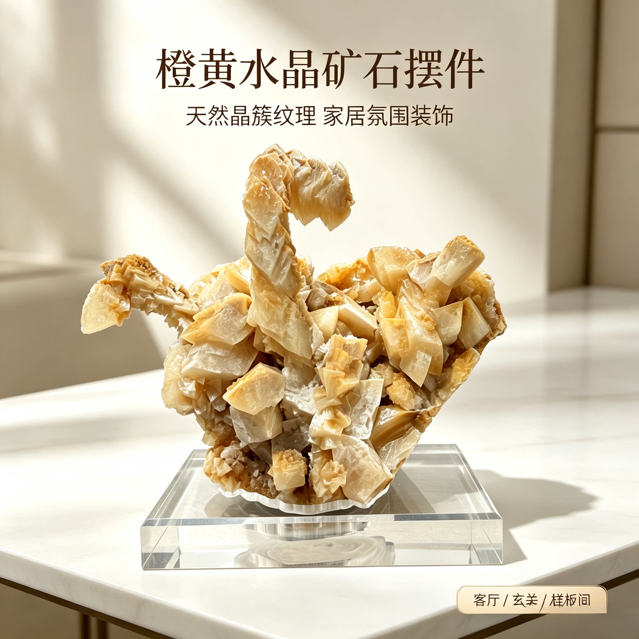 天然方解石晶簇摆件 带亚克力底座 客厅玄关样板间矿物标本装饰