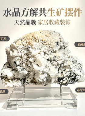 天然水晶方解共生矿摆件 晶簇原石标本 客厅玄关轻奢收藏装饰