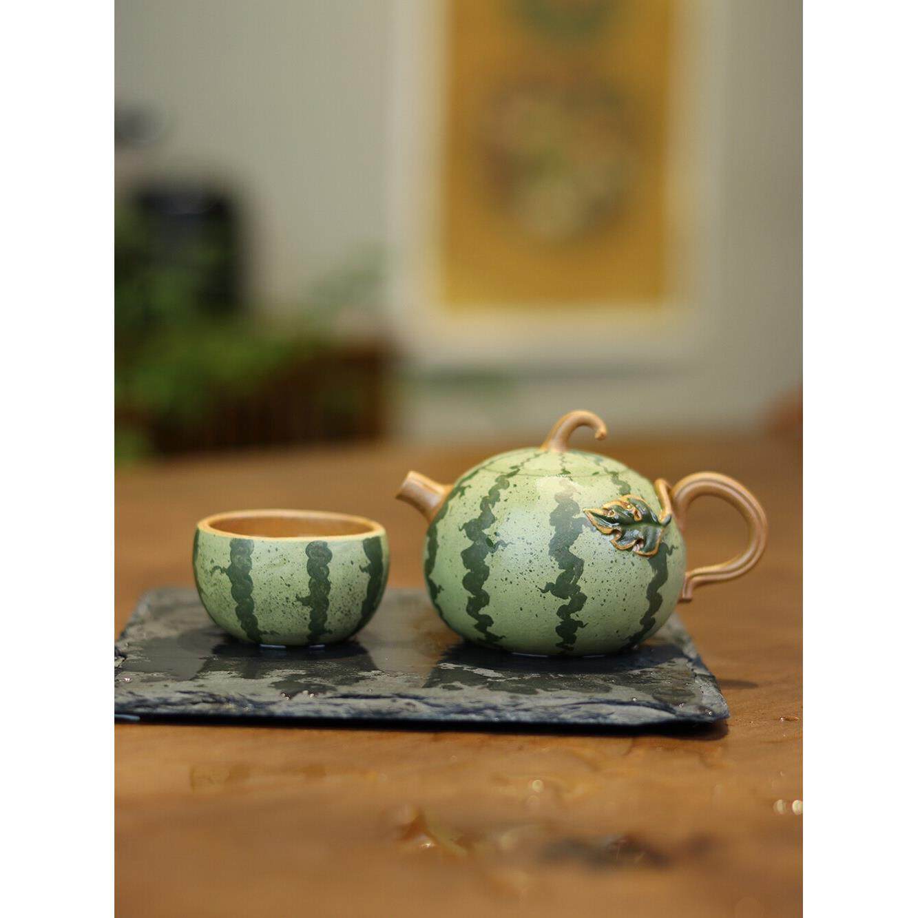 一辉紫砂西瓜壶花盆茶壶手工生矿物可以养真彷生素描茶壶薄轮胎套