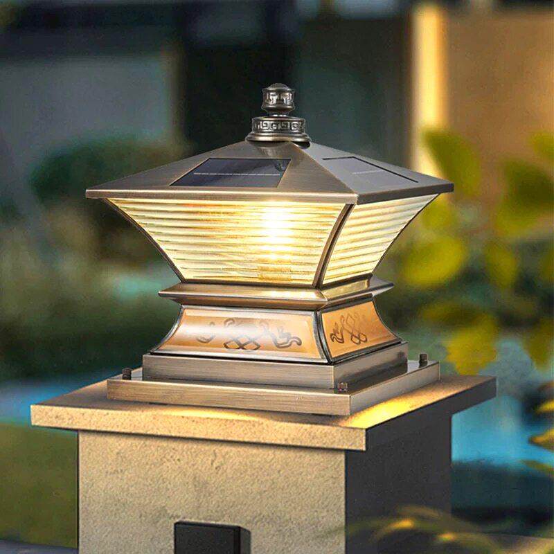 中式全铜太阳能门柱灯户外防水别墅墙头灯简约现代花园围墙柱子灯