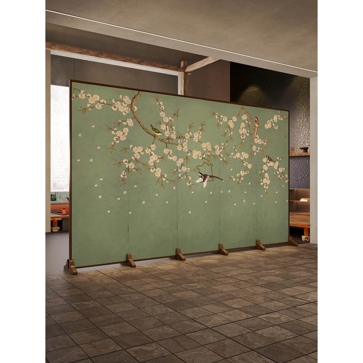 现代中式屏风隔断客厅入口入口茶室装饰隔断折叠移动花鸟实木屏风