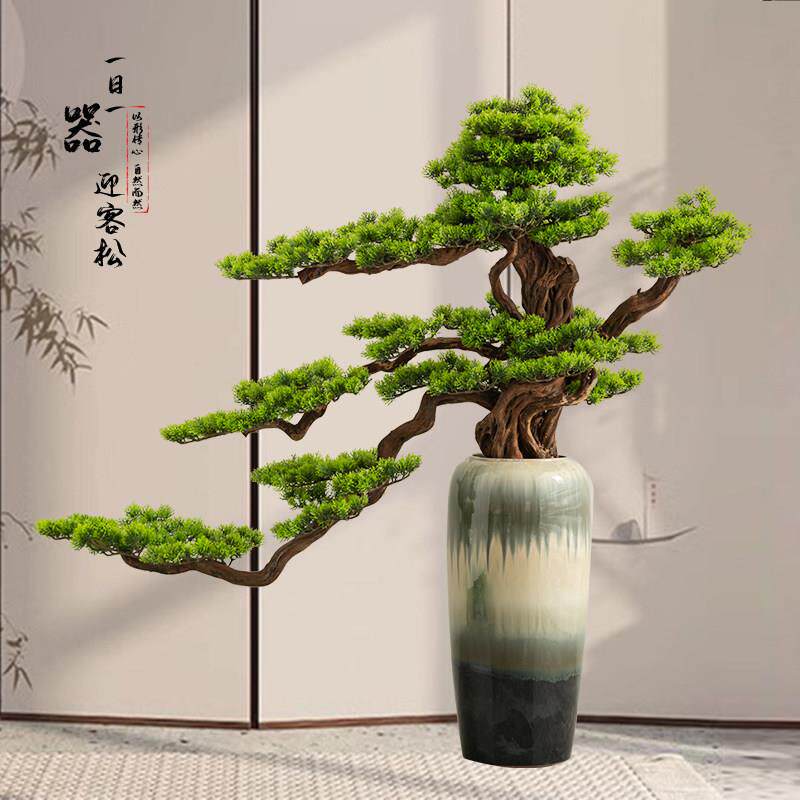 新中式彷真落地迎客松玄关花瓶摆件彷真绿色植物大型落地植物景观