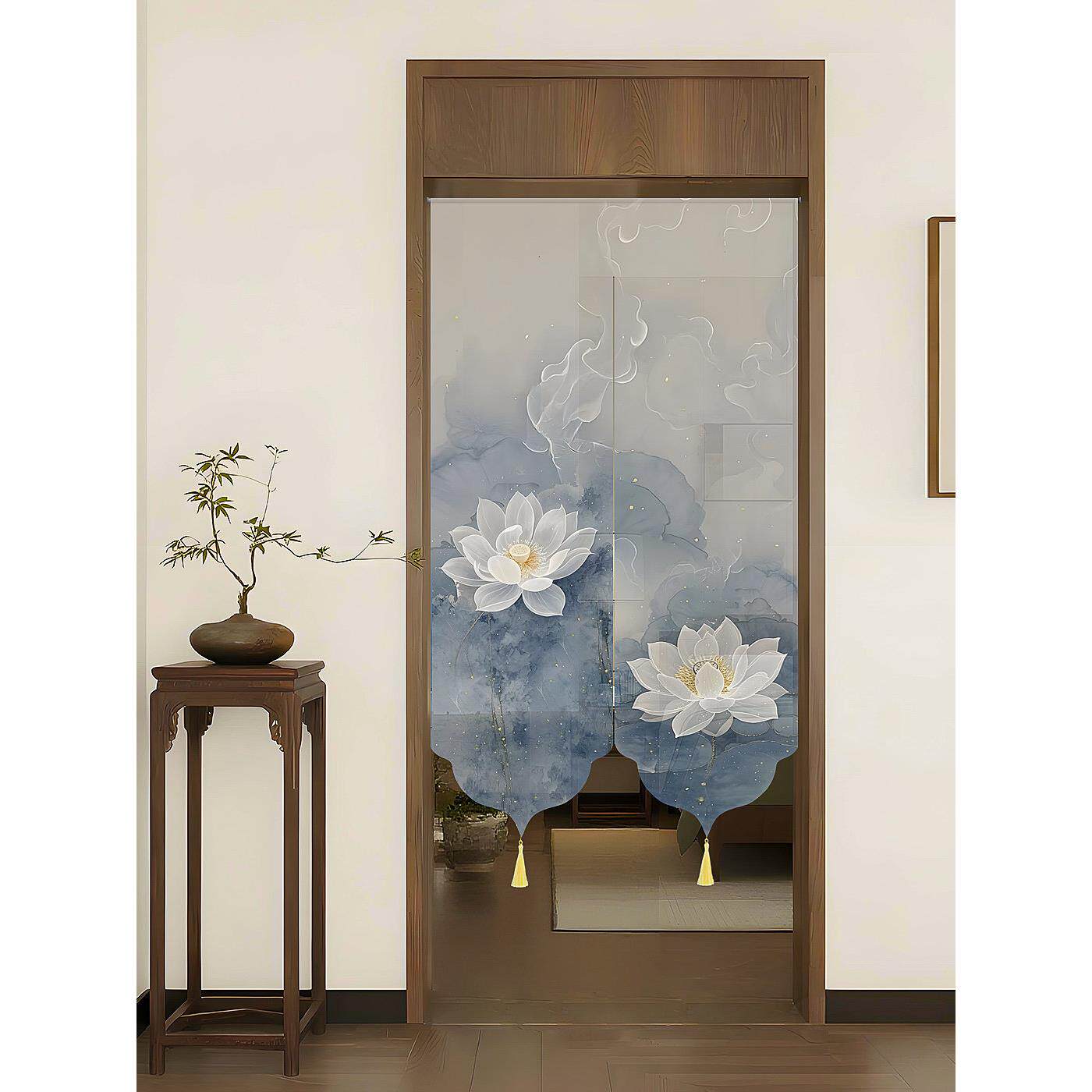 中式帘半透荷花国风免打孔门帘隔断客厅卧室遮挡帘子家用遮挡隐私